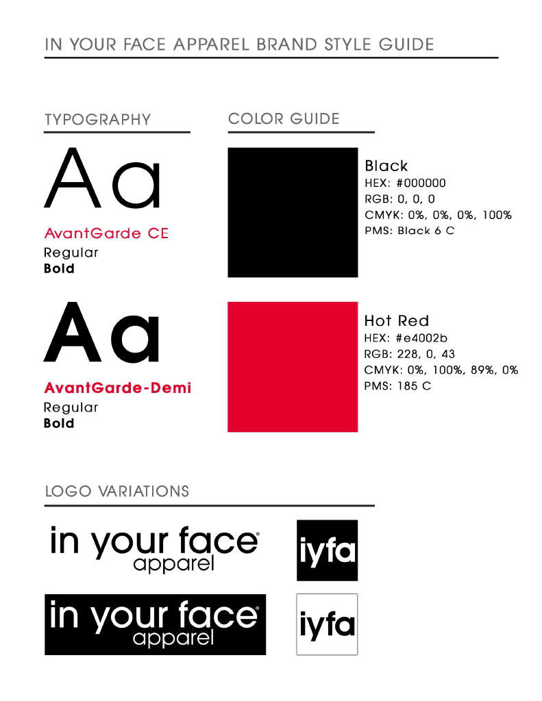 In Your Face Apparel's branding guides created by Madi.