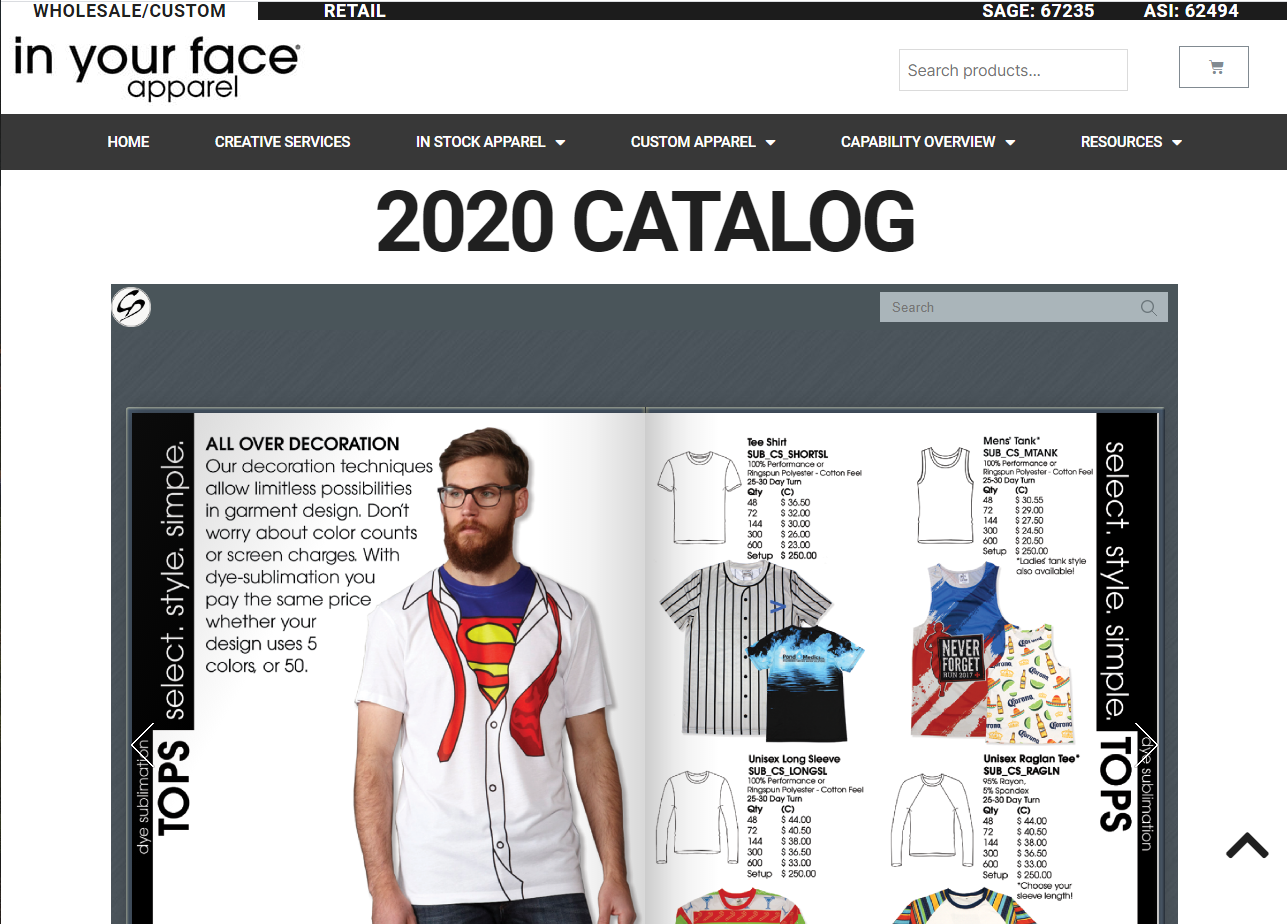 In Your Face Apparel's updated website catalog page.