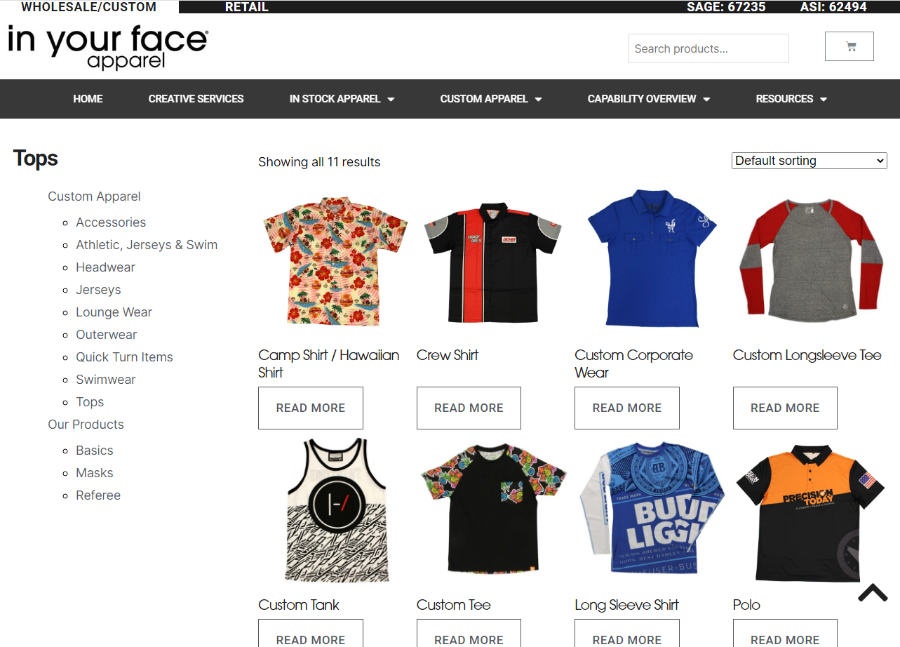 In Your Face Apparel's updated product listings page.