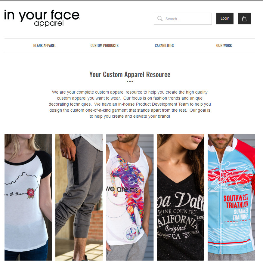 In Your Face Apparel's old website home page, before changes.